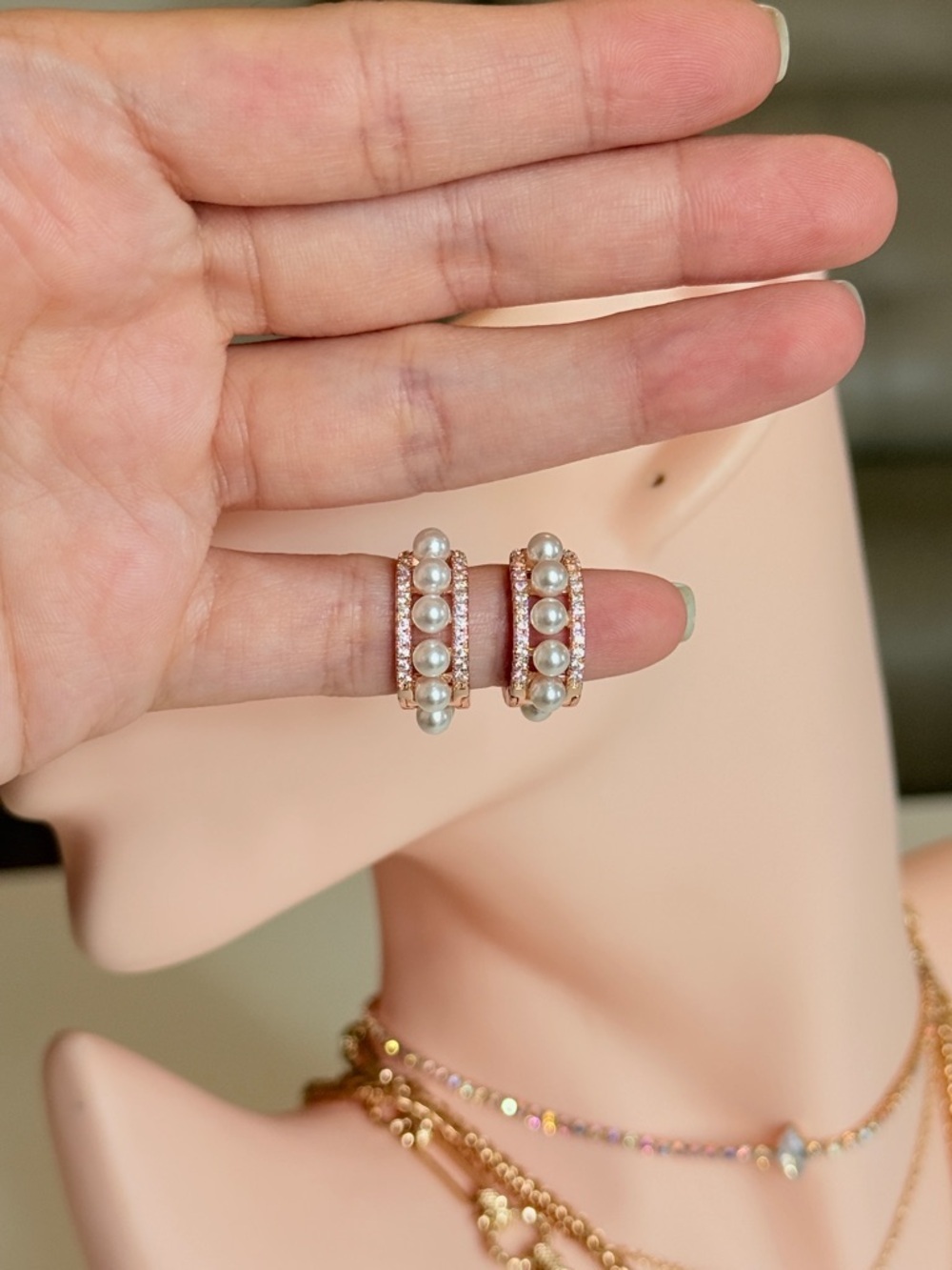 Rose Gold Pearl Huggie Earrings - Picture 10 of 10